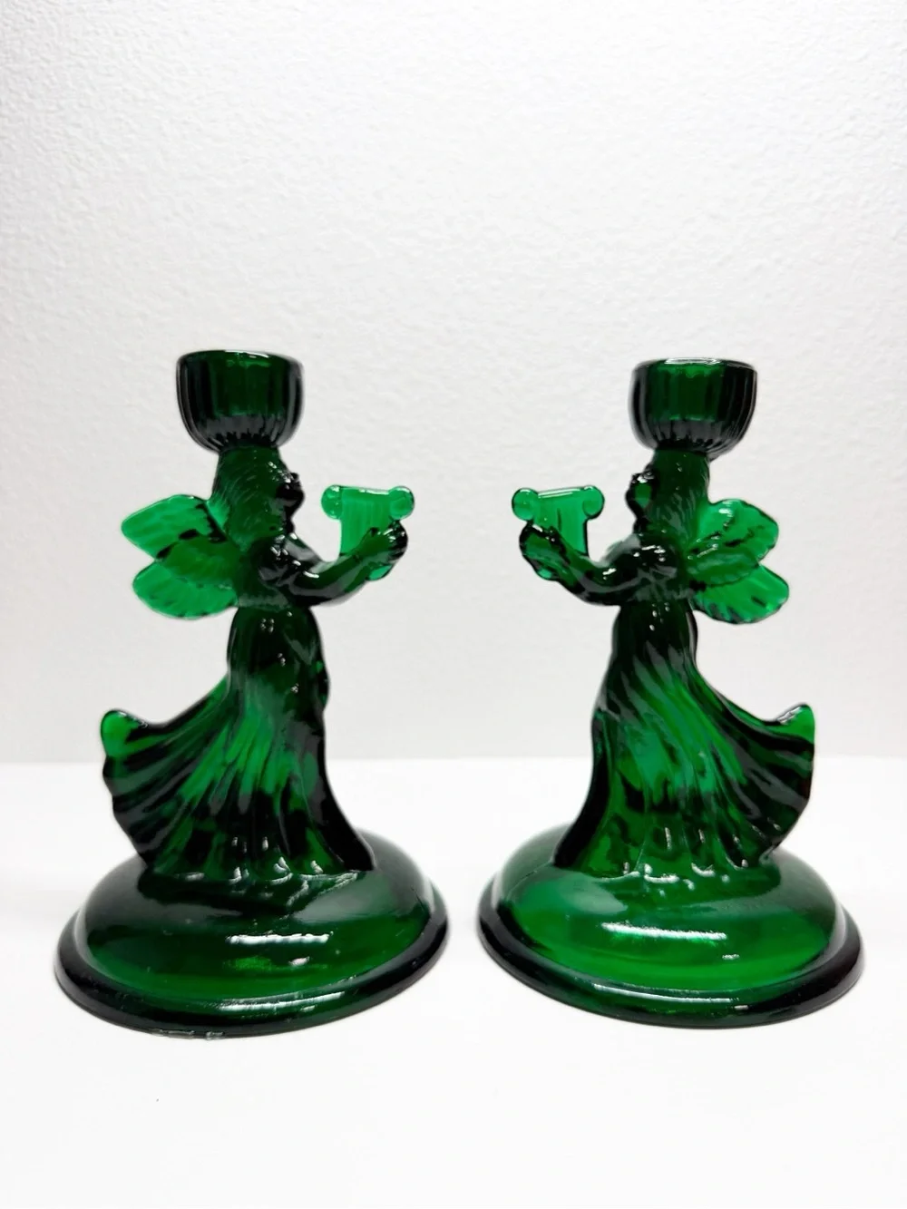 Vintage Emerald Green Glass Angel Taper Candle Holders